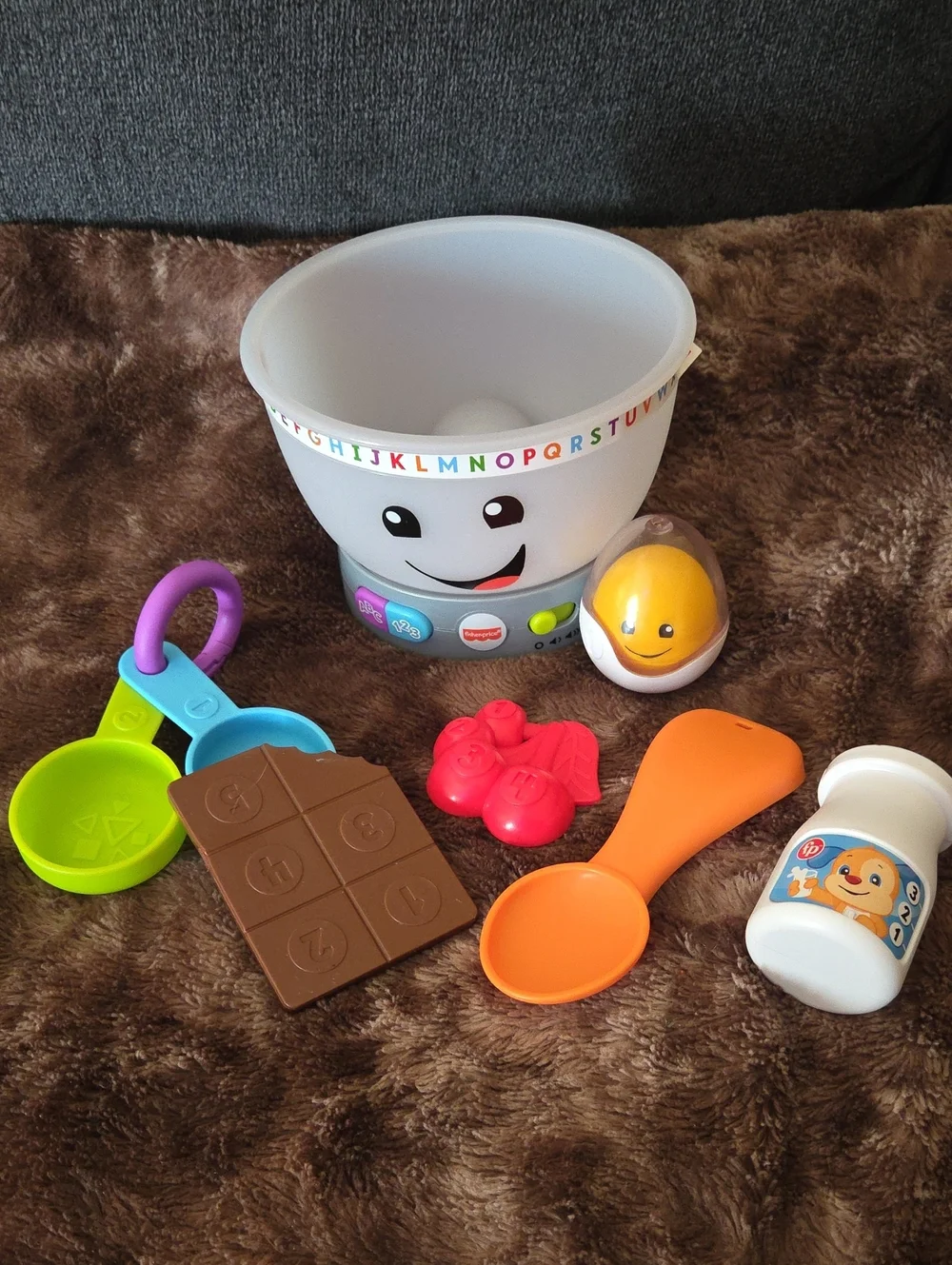 Fisher-Price White Learning Bowl with Orange Spoon and Colorful Accessories